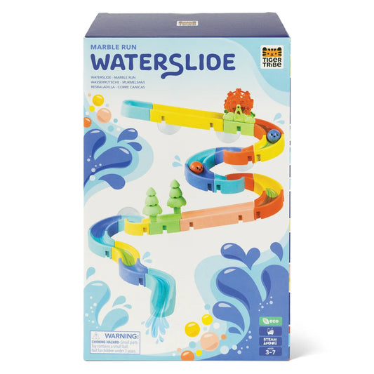 Verpackung der Tiger Tribe Waterslide mit bunter Spiralbahn aus Kunststoff, blauem Wasser-Motiv und farbigen Bahnelementen