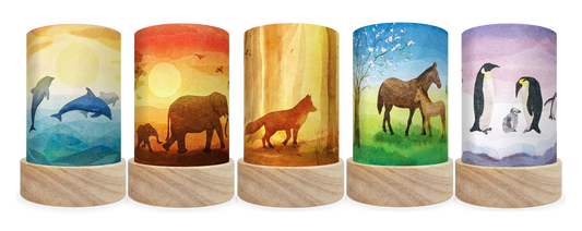 Fünf Toverlux Laternen mit den Shades Fauna: Delfine, Elefanten, Fuchs, Stute mit Fohlen und Pinguine