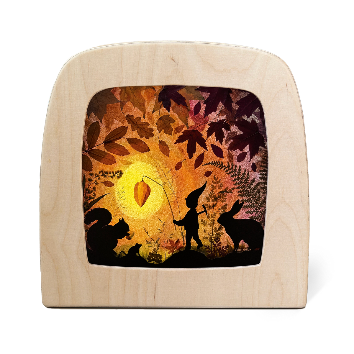Toverlux Vogel Geluk Silhouettenlampe aus Holz mit leuchtender Herbstszene und Tierschatten