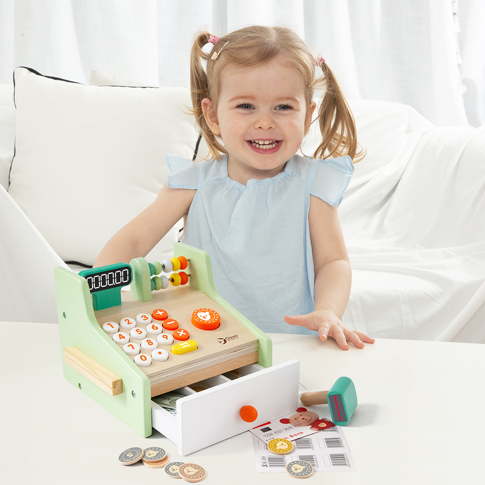 Holzkasse Classic World mit Scanner, Registrierschublade und buntem Spielgeld für Kaufladen