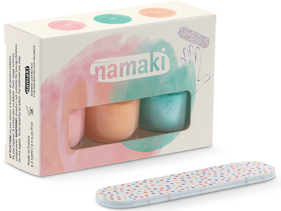 Namaki Nagellack-Set Sommerfreuden in Verpackung mit drei Fläschchen in Creme, Grün und Orange sowie einer bunten Feile