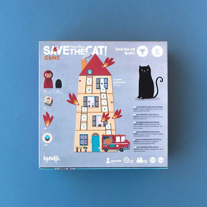 Londji Save the Cat Spielverpackung mit Spielplan, Symbolen und schwarzer Katze auf Blau