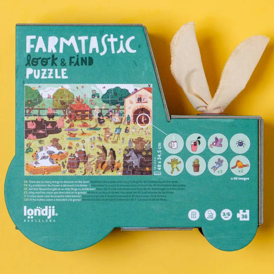 Londji Farmtastic: Rückseite der Traktorschachtel mit Wimmelbild und Suchsymbolen