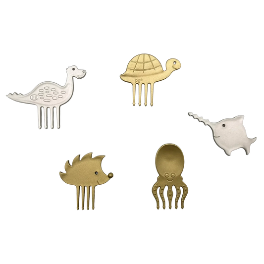 Pieksi und Griffel Metal Glow 5er Set mit Metall-Snackpieksern: Vogel, Schildkröte, Narwal, Igel und Oktopus