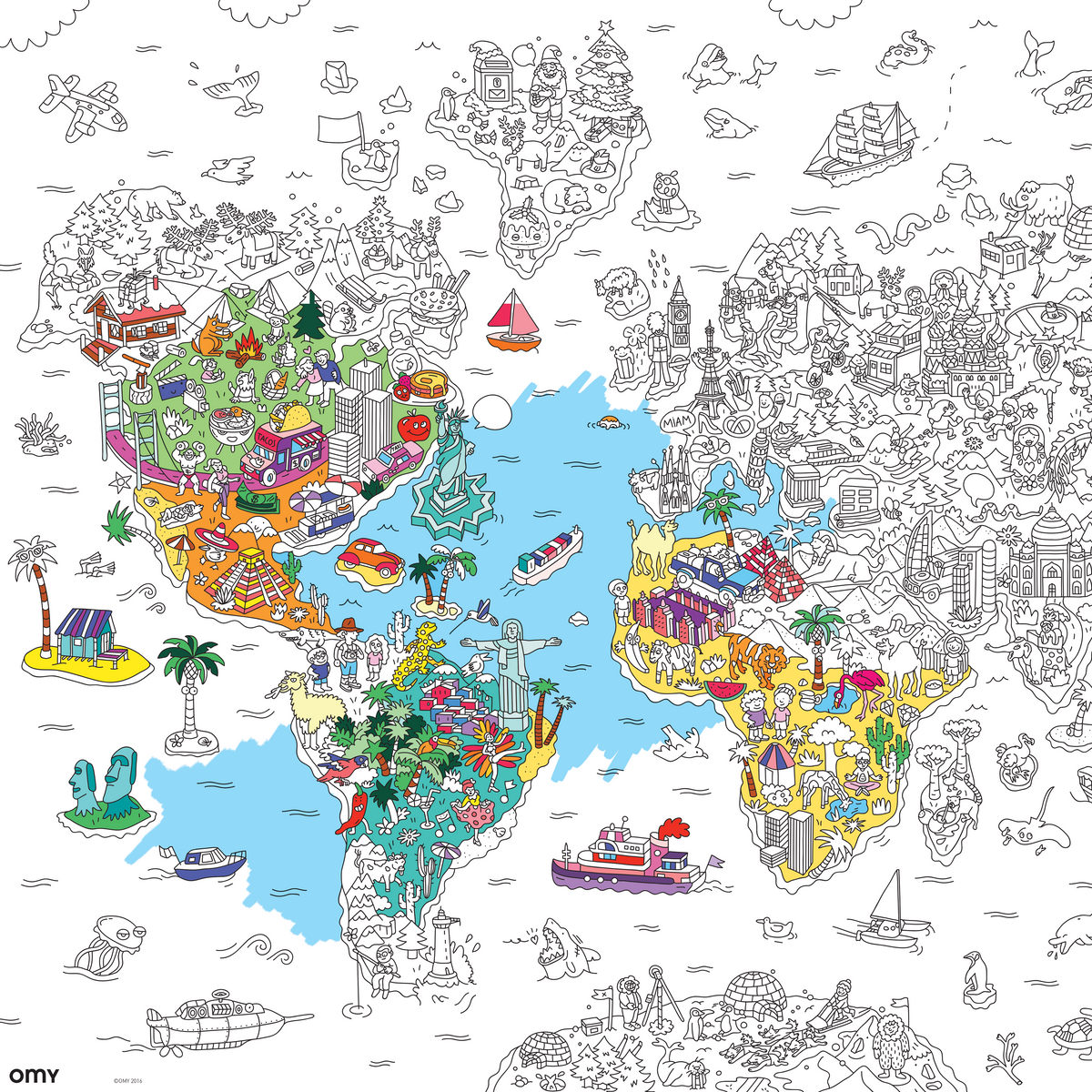 OMY Atlas-Ausmalposter Detailausschnitt: bunte Weltkarte mit Gebäuden und Schiffen, graue Ausmalfelder rundherum