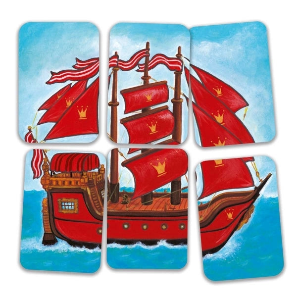 Kartenspiel Piratatak von Djeco mit farbigen Piratenkarten und Schiffsbauteilen