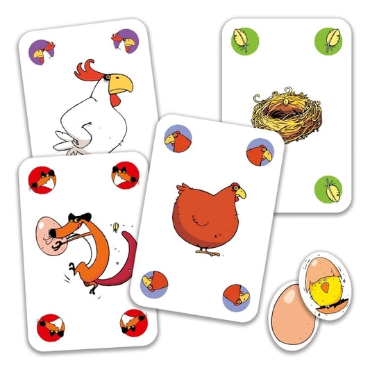 Djeco Kartenspiel Piou Piou mit bunten Illustrationen von Hühnern und Küken