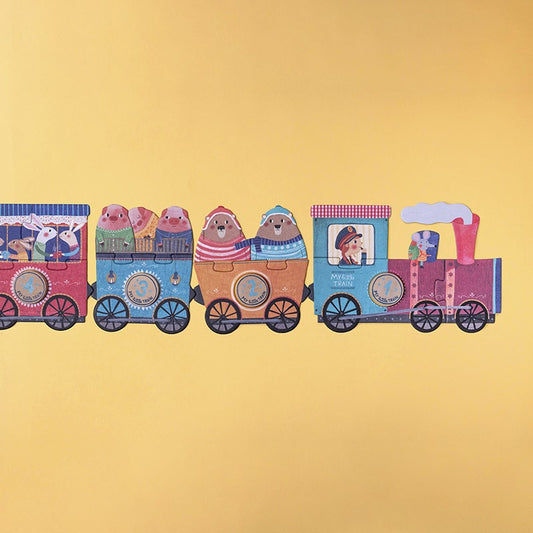 Londji My Little Train Puzzle, fünf bunte Zugwagen mit Figuren nebeneinander auf gelbem Grund