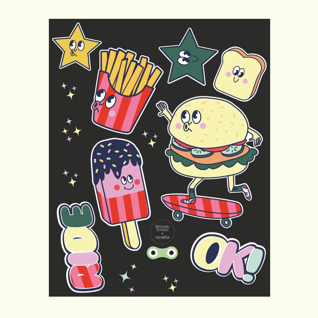 Rainette reflektierende Sticker mit Pommes, Burger, Eis und Toast mit Gesichtern auf schwarzem Grund