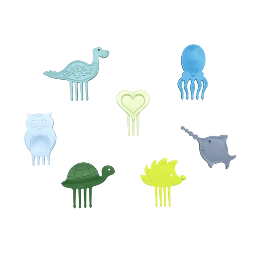 Pieksi und Griffel Essens-Picks in sieben Tierformen: Dinosaurier, Oktopus, Schildkröte, Rochen, Igel, Vogel und Herz