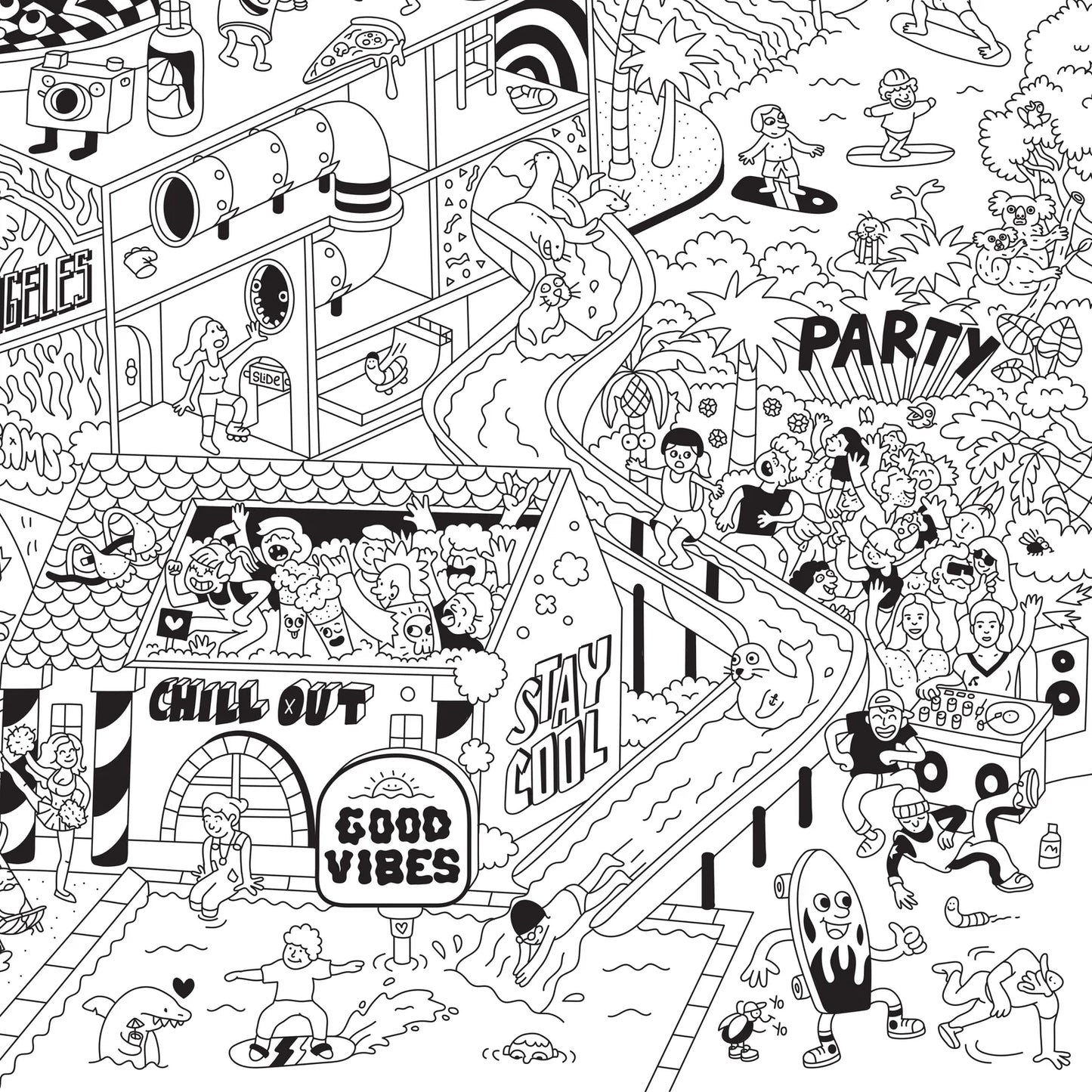 Riesen-Ausmalposter Surf & Skate von OMY mit detaillierten Skateboards und Surfmotiven zum Ausmalen