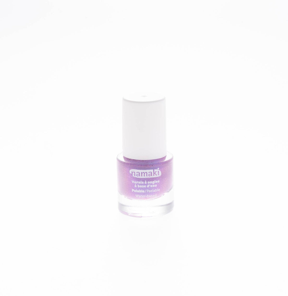 Namaki Nagellack abziehbar in Glitzerlila mit weißem Deckel, Packshot vor hellem Hintergrund
