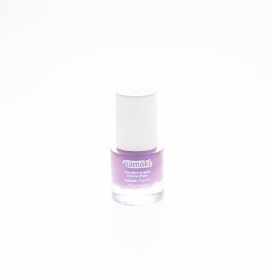 Namaki Nagellack abziehbar in Glitzerlila mit weißem Deckel, Packshot vor hellem Hintergrund