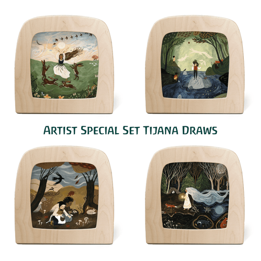 Toverlux Artist-Set Tijana Draws: vier Silhouetten mit Tänzerin und Hasen, Waldteich, Herbstszene und Winternacht