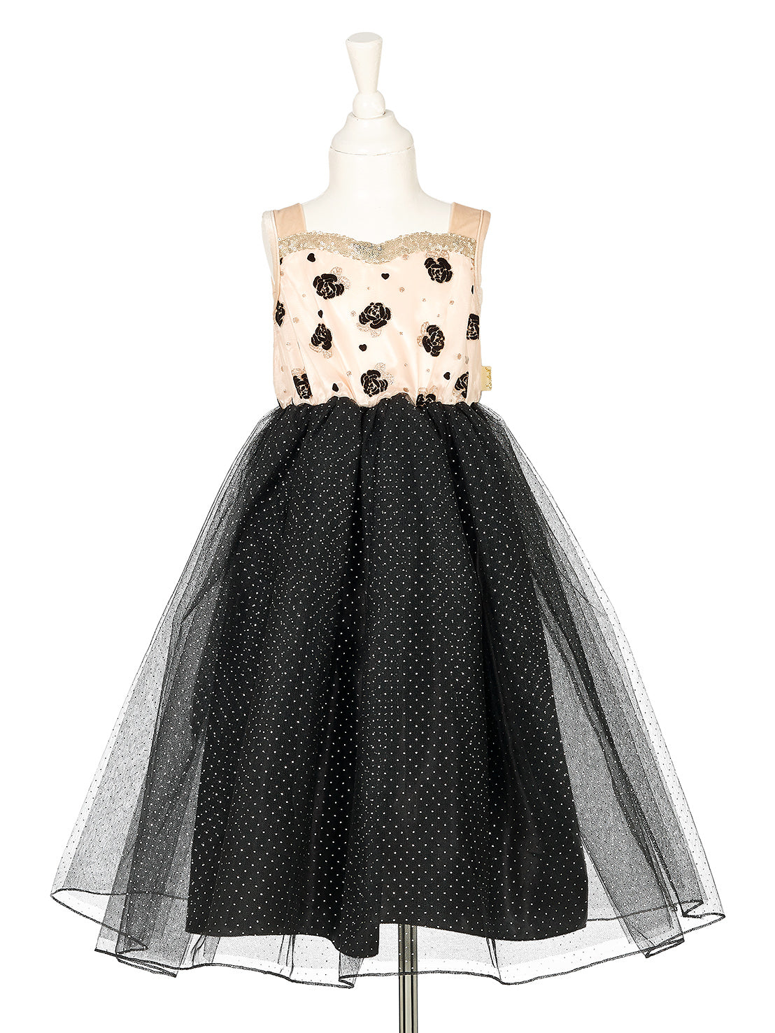 Souza Kostümkleid Noella auf Schneiderpuppe, cremefarbenes Oberteil mit schwarzen Motiven und schwarzer Tüllrock