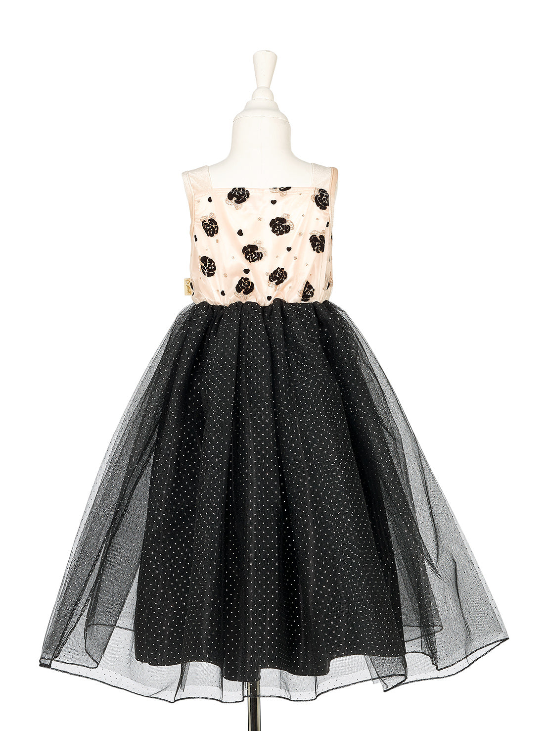Souza Noella Kostümkleid auf Schneiderpuppe, Oberteil mit schwarzem Muster, schwarzer Tüllrock mit Pünktchen