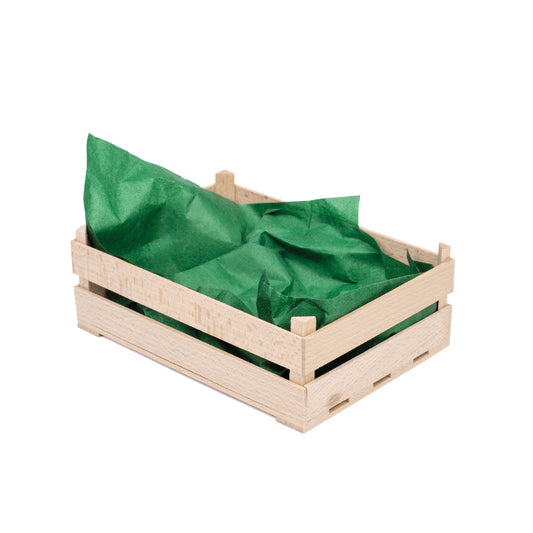 Erzi Holz Obststiege groß aus hellem Holz mit grünem Seidenpapier gefüllt, Packshot