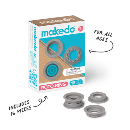 Makedo Roto-Ring Verpackung mit türkisem Design, daneben drei graue Kunststoffringe, 16 Stück