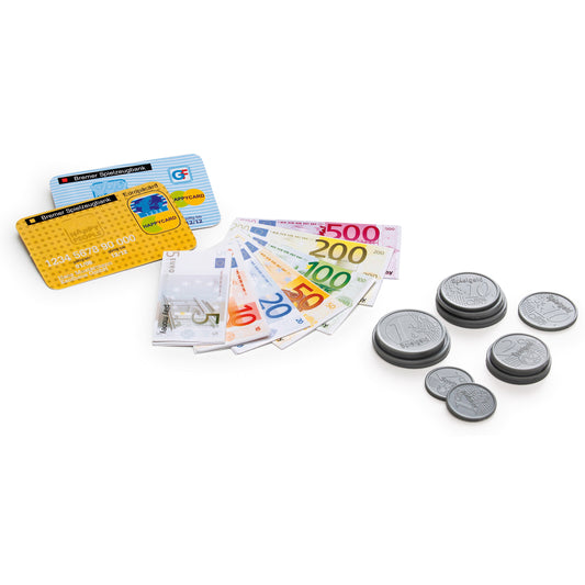 Erzi Spielgeld: Spielkarten, Euro-Scheine und Münzen, Packshot vor weißem Hintergrund