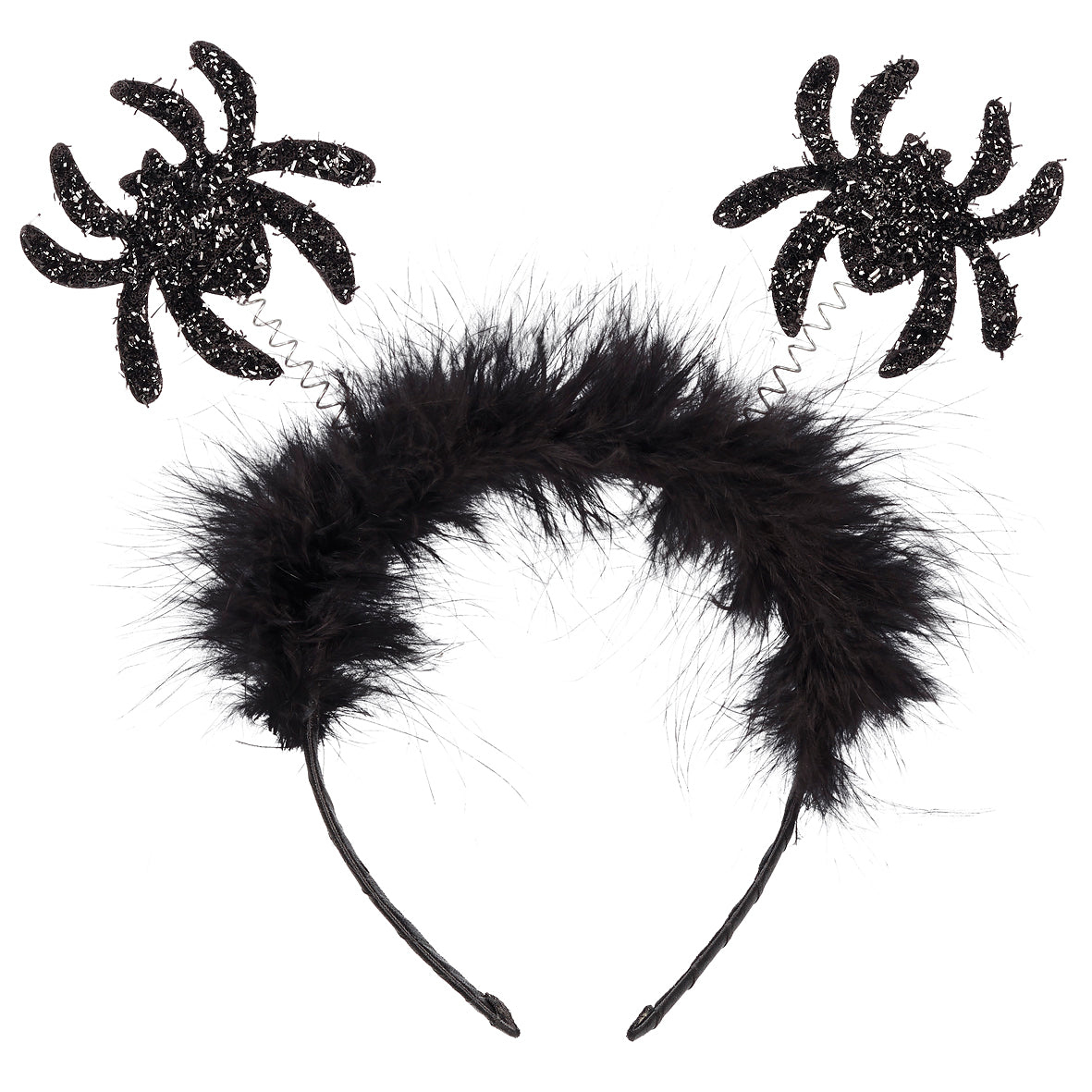 Souza Haarreif Spinne mit zwei schwarzen glitzernden Spinnen auf Stielen und schwarzem Fellbesatz als Packshot