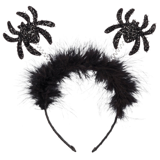 Souza Haarreif Spinne mit zwei schwarzen glitzernden Spinnen auf Stielen und schwarzem Fellbesatz als Packshot