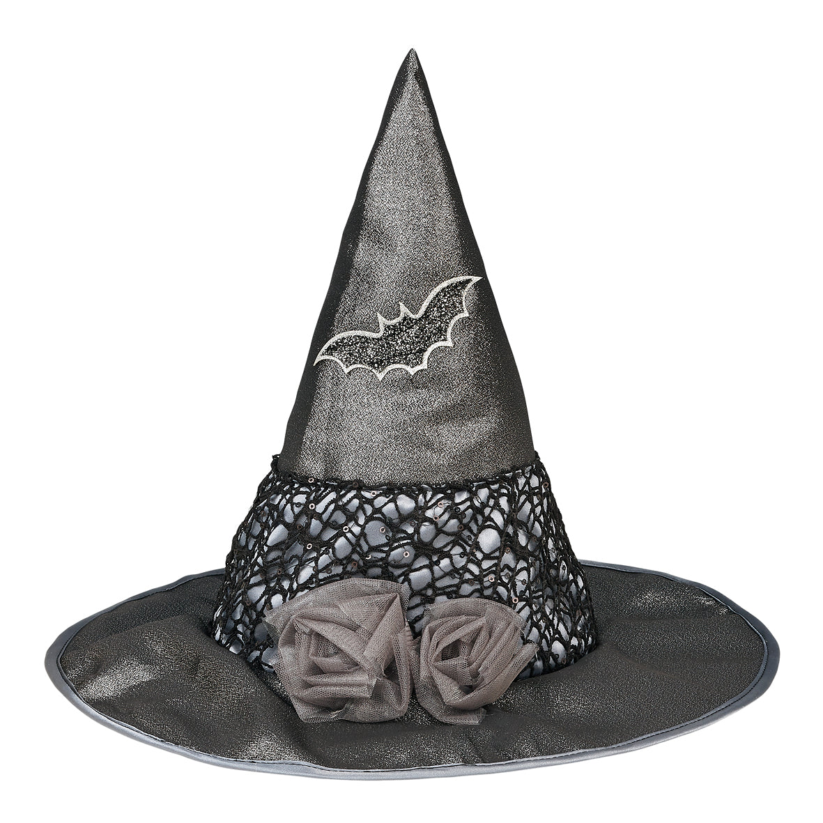 Souza Hexenhut Mathilde in Schwarz mit silberner Fledermaus und Netzband mit Tüll