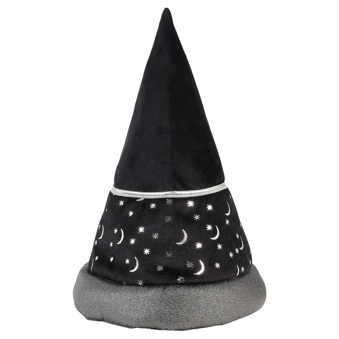 Souza Zauberhut Ralph mit spitzer schwarzer Hutspitze, grauem Band mit weißen Monden und Sternen und grauer Krempe