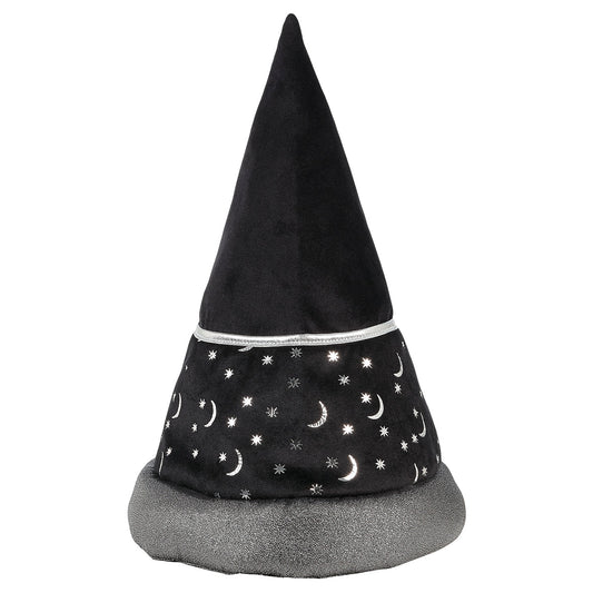 Souza Zauberhut Ralph mit spitzer schwarzer Hutspitze, grauem Band mit weißen Monden und Sternen und grauer Krempe