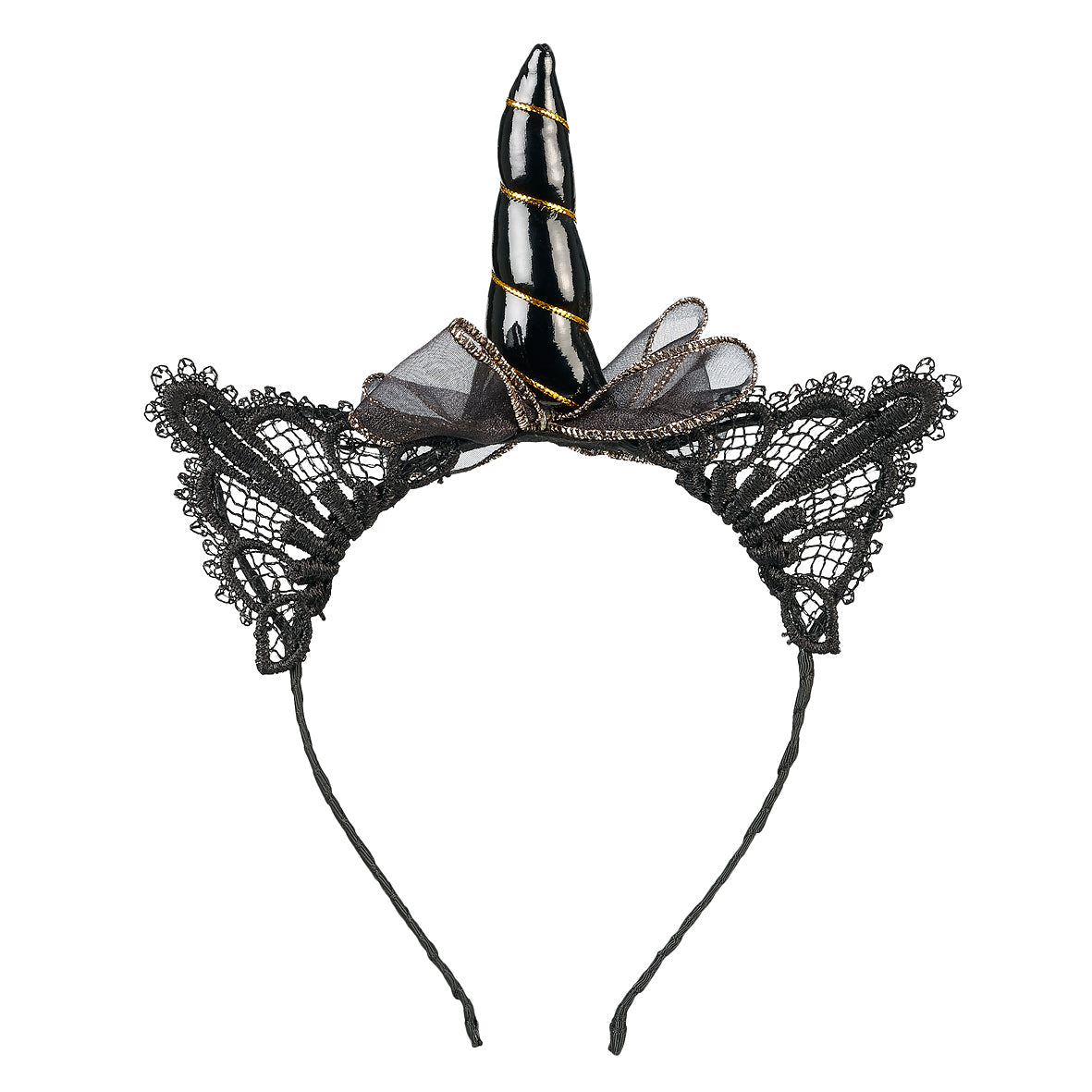 Souza Haarreif Glynda mit schwarz-goldenem Einhorn-Horn, schwarzen Spitzenohren und grauer Schleife