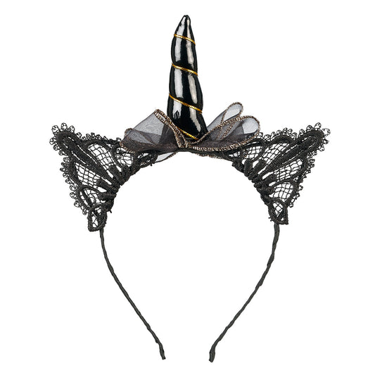 Souza Haarreif Glynda mit schwarz-goldenem Einhorn-Horn, schwarzen Spitzenohren und grauer Schleife