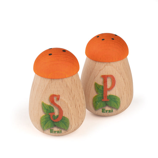 Erzi Holz Salz- und Pfefferstreuer mit orangefarbenen Kappen und Buchstaben S und P