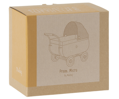 Verpackung des Maileg Kinderwagens Mikro: brauner Karton mit Zeichnung des Wagens