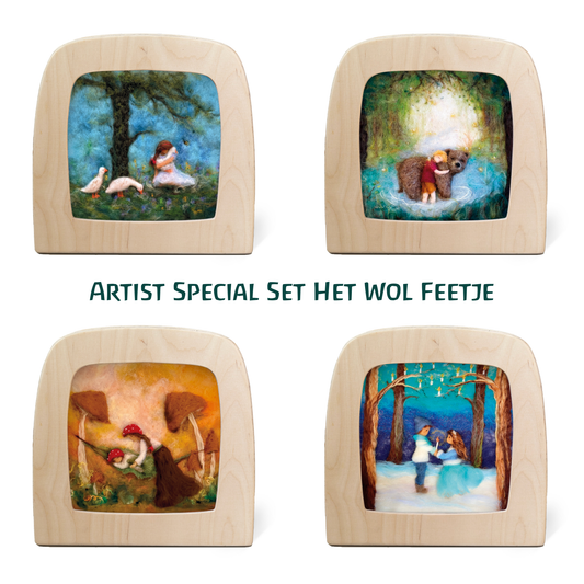 Toverlux Artist-Set Het Wol Feetje: vier Silhouetten mit Kind und Gänsen, Kind und Bär, Pilzwichteln und Kindern im Schnee