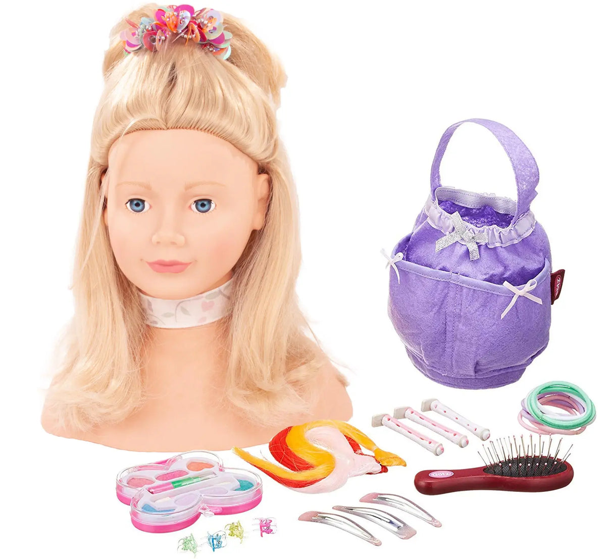 Götz Frisierkopf mit blonden Haaren, Haarspange, violette Tasche und Zubehör wie Bürste, Haarspangen und Haargummis