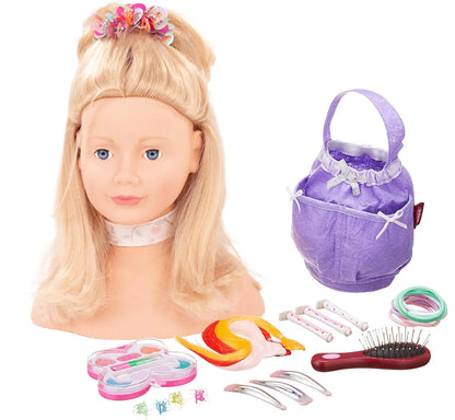 Götz Frisierkopf mit blonden Haaren, Haarspange, violette Tasche und Zubehör wie Bürste, Haarspangen und Haargummis