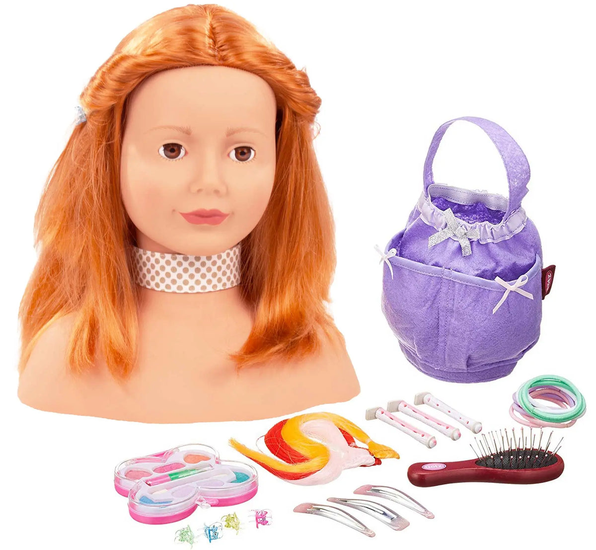 Götz Frisierkopf mit orangerotem Haar, Bürste, Haargummis, lila Tasche und Schminkzubehör