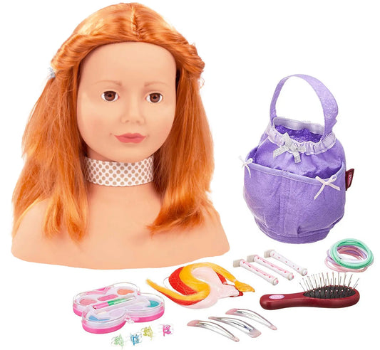Götz Frisierkopf mit orangerotem Haar, Bürste, Haargummis, lila Tasche und Schminkzubehör