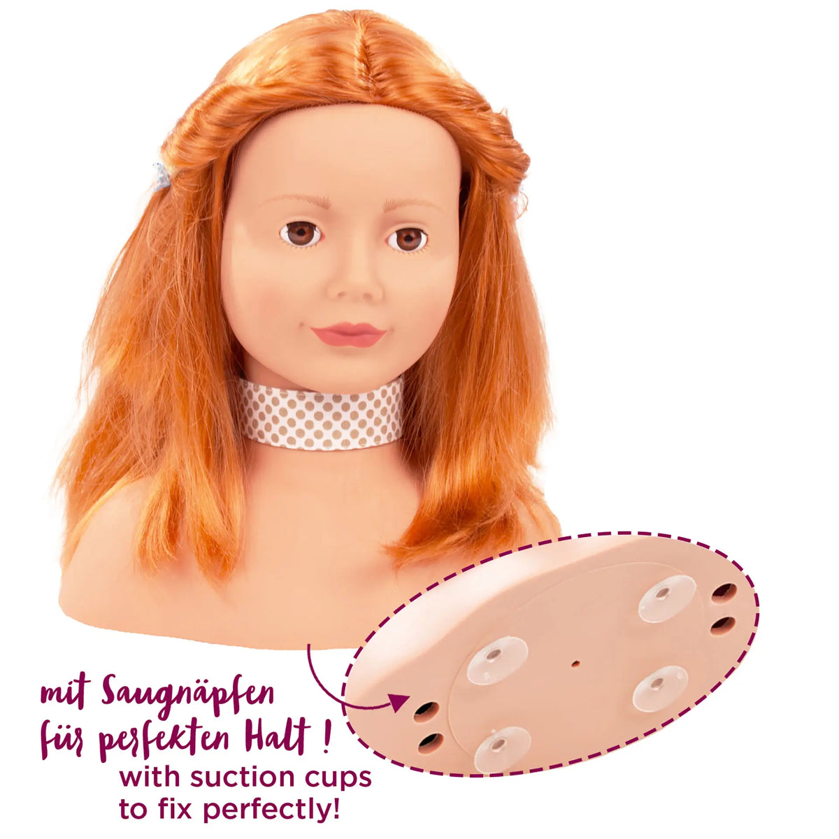 Götz Frisierkopf mit orangerotem Haar und kariertem Halsband, daneben Kunststoffplatte mit Saugnäpfen zur Befestigung