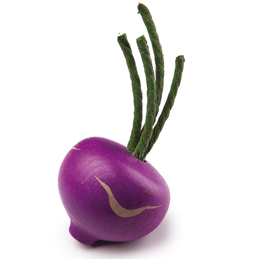 Erzi Holz-Kohlrabi in Violett mit grünen Blättern, Packshot vor weißem Hintergrund