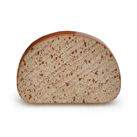 Erzi Holz-Brotscheibe, halbrundes Stück mit brauner Kruste und beigem Schnittflächenmuster