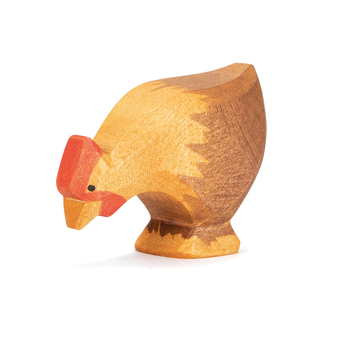 Ostheimer Holzfigur Huhn in Braun und Orange, pickend mit gesenktem Kopf