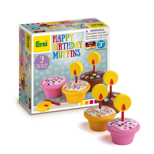 Erzi Happy Birthday Muffins: Verpackung und drei bunte Holz-Muffins mit Kerzen und Flammen