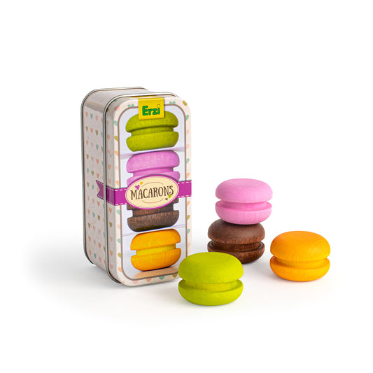 Erzi Holz Macarons in Dose, bunte zweiteilige Spiellebensmittel in Grün, Rosa, Braun und Orange