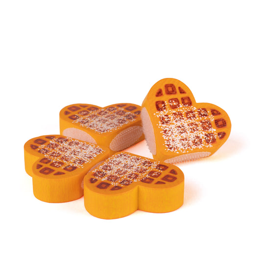Erzi Holz-Waffeln zum Teilen, vier Herzteile aus gelbem Holz mit Waffelstruktur und bemalter Oberfläche