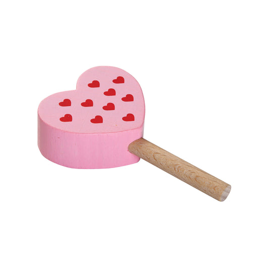 Erzi Holz-Eis am Stiel in Herzform, rosa mit roten Herzen und Holzstiel