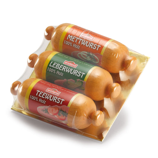 Erzi Würstchen zum Streichen: Mettwurst, Leberwurst und Teewurst aus Holz in Folienverpackung