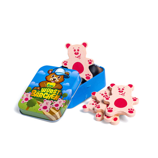 Erzi Wurstbärchen, rosa Holzfiguren mit roten Details, in blauer Blechdose mit Bärenmotiv