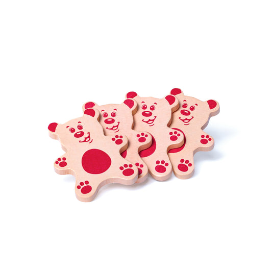 Erzi Holz-Wurstbärchen, rosa Bärchenscheiben mit roten Details, nebeneinander gelegt