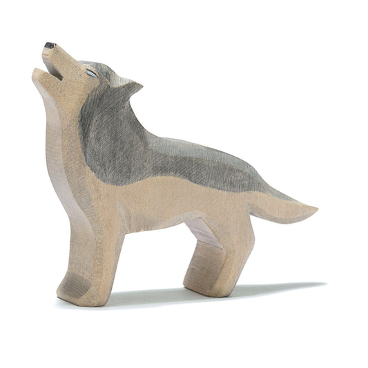 Ostheimer Holzfigur Wolf, heulend, naturholz mit grauer Mähne und Rücken