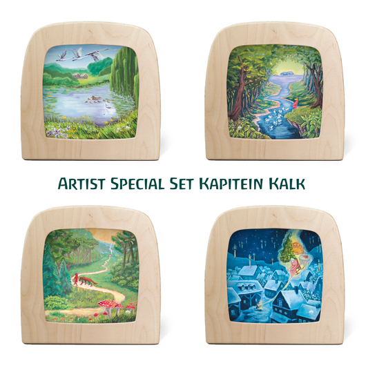 Toverlux Artist-Set Kapitein Kalk: vier Silhouetten in Holzlampen mit Schwänen am Teich, Waldbach, Fuchs und Winterdorf